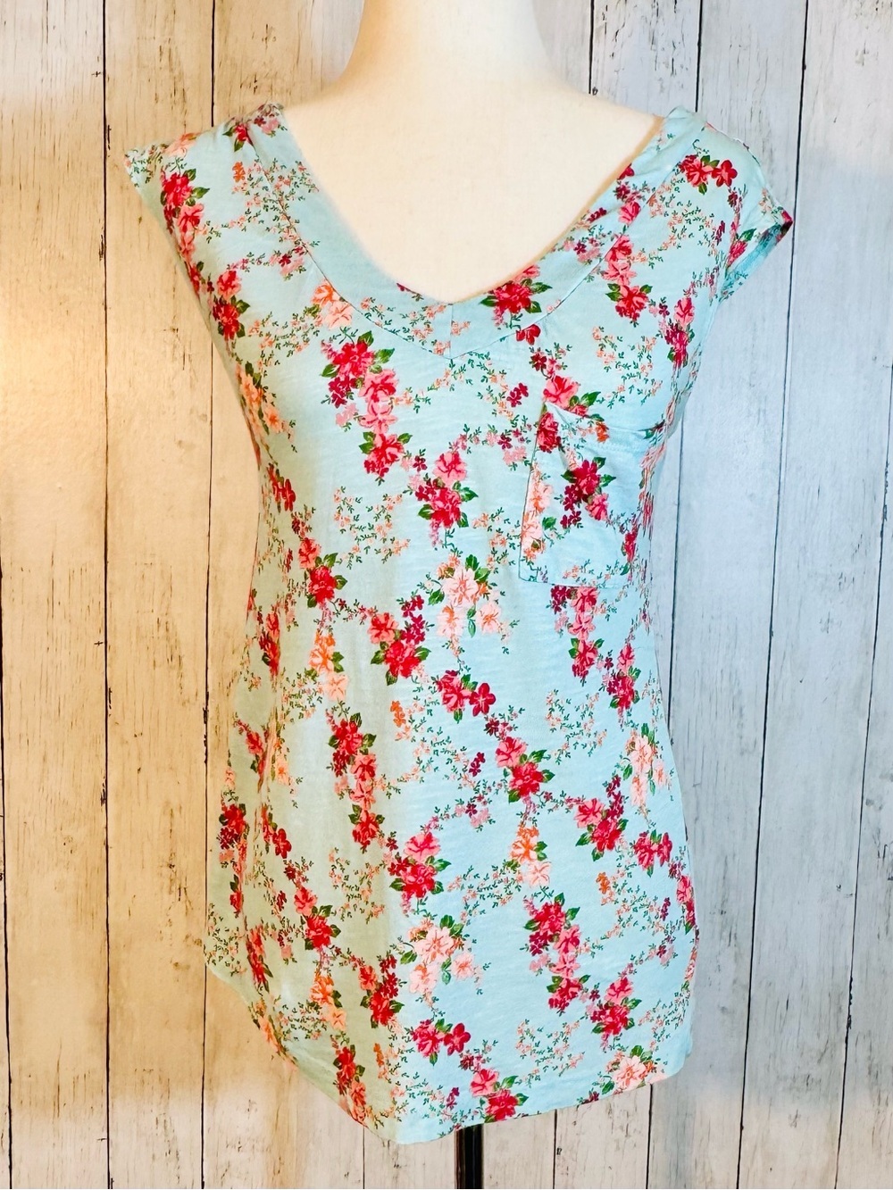 Mossimo | Floral Top Small Aqua Pink Cap Sleeve Back Zip Cottagecore